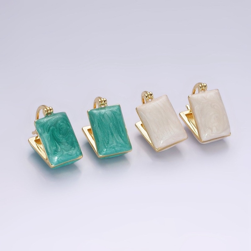 14K Gold Filled Teal, White Enamel Rectangle Triangle Latch Hoop Earrings | AE998 AE999 Teal