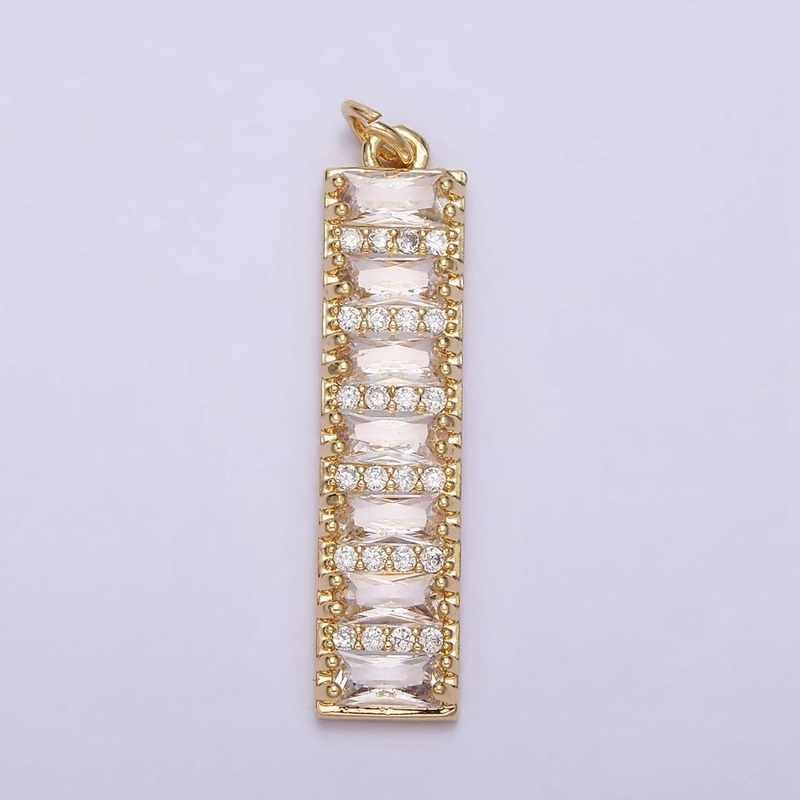 16K Gold Filled 30mm Clear CZ Baguette Lined Micro Paved Band Tag Charm | AC1133