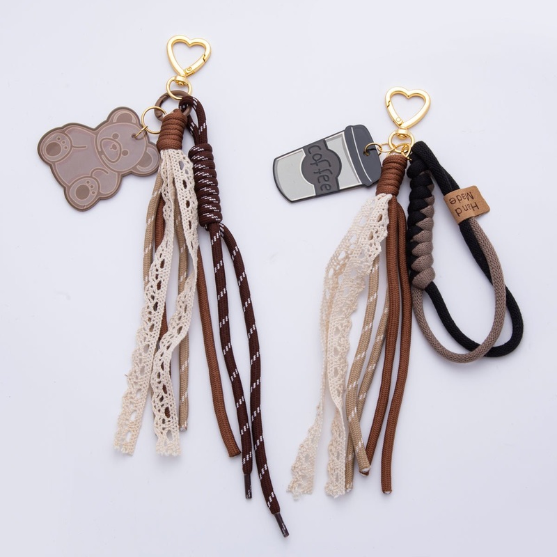 18K Gold Filled Bear, Coffee Fall Lace Knot Cord Bag Charm Keychain Heart Key Ring Accessories | WB-00086 WB-00087 Coffee