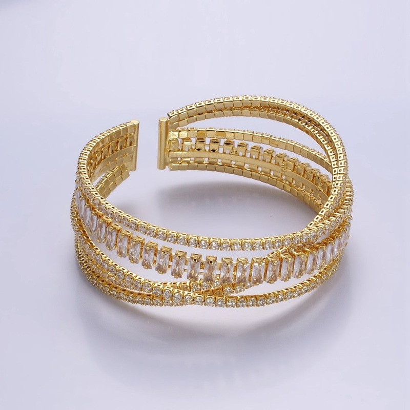 24K Gold Filled Baguette CZ Tennis Chain Multiple Band Cuff Bangle Bracelet | WA-2533