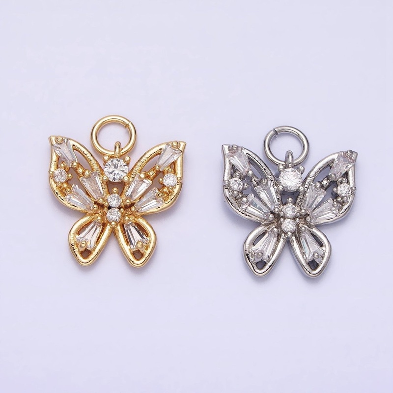 Mini Gold Butterfly Charm with CZ Baguette Stone Mariposa Animal Cubic Zirconia Pendant AC512 AC513 Gold