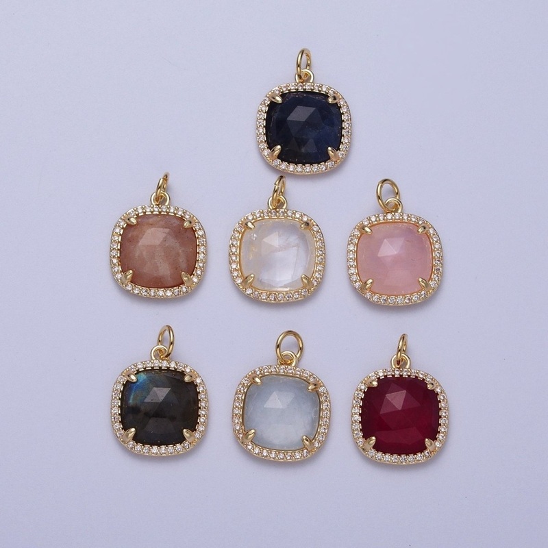 Multifaceted Natural Stone CZ Micro Pave Square Gold Charm   N-401  N-403 Grey Angelite