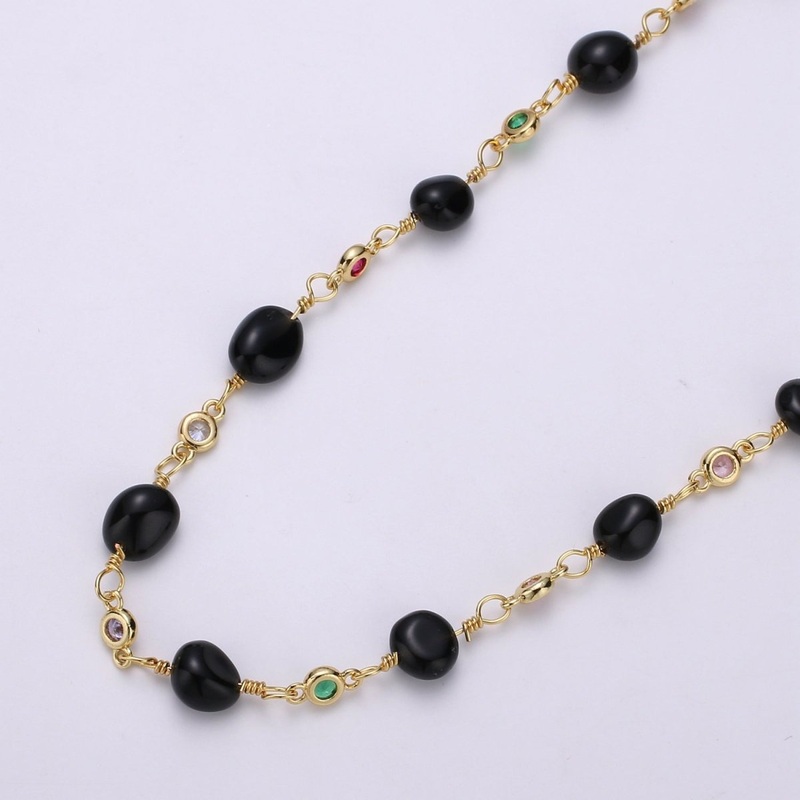 Onyx Micro Pave Charm 24K Gold Filled Chain by Yard, Cubic Round Charm Chain by Yard, Semiprecious Stone Onyx Chain | ROLL-329 Clearance Pricing