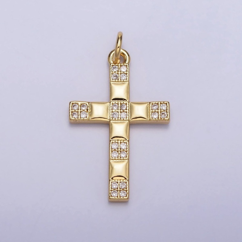 Religious Cross Checkered Gold Clear Micro Paved CZ Gold Charm | AC220