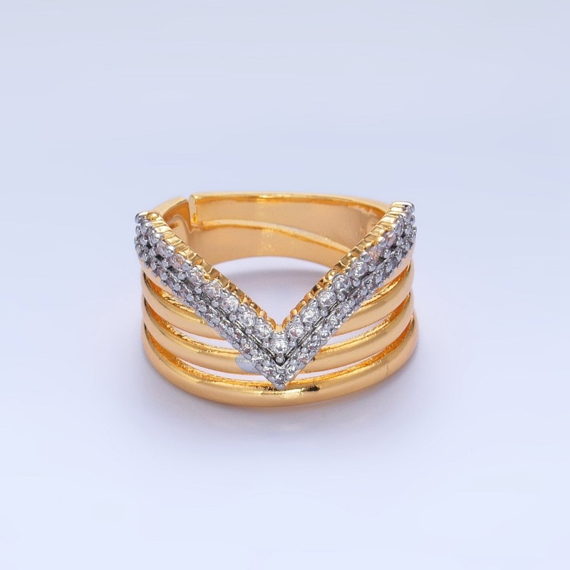 SJ | 24K Gold Filled Mixed Metal Micro Paved CZ Chevron Multiple Band Ring | U388