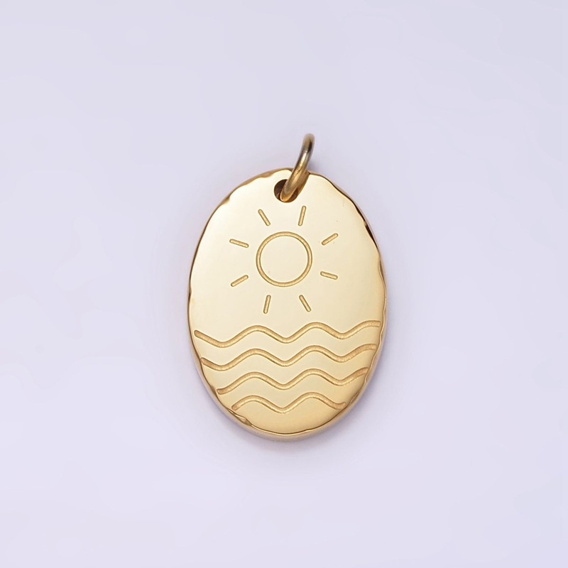 Stainless Steel Celestial Sun Sea Ocean Beach Engraved Oval Charm | P1236