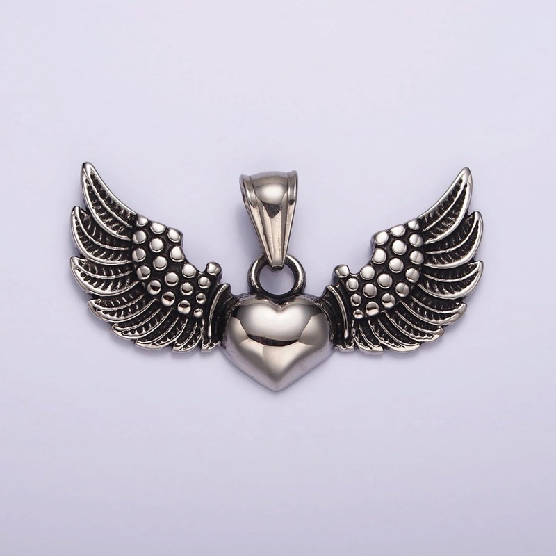 Stainless Steel Heart Feather Angel Wings Pendant | P874
