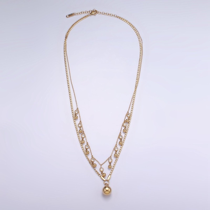 Stainless Steel Round Beaded CZ Drop Curb Cable Chain Double Layering Necklace | WA-2542