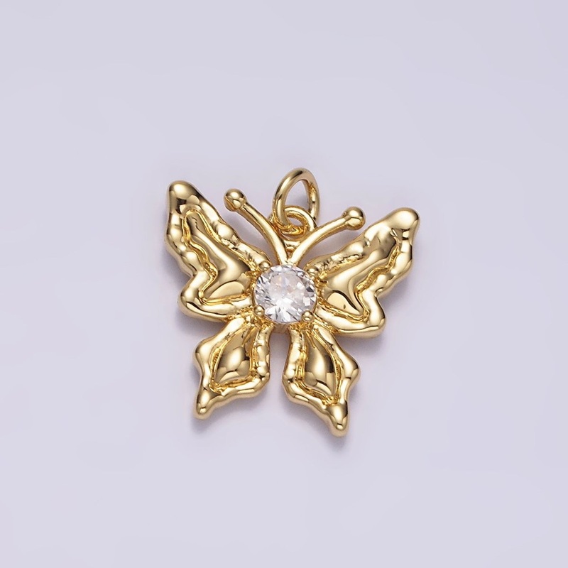 14K Gold Filled 14mm Clear Round CZ Hammered Antenna Butterfly Charm | N1494