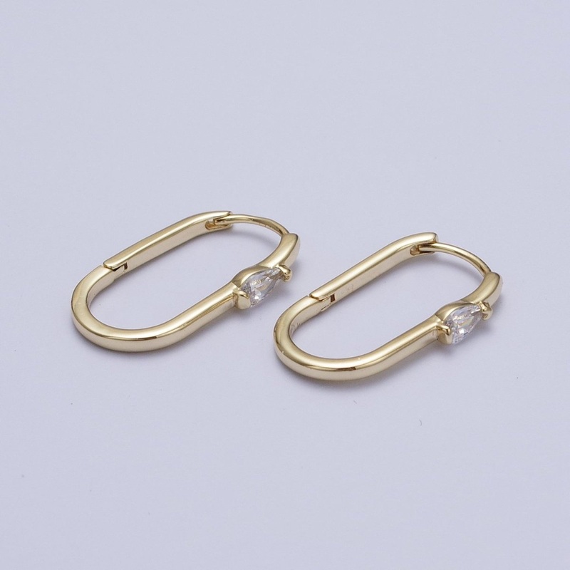 14K Gold Filled 21mm, 30mm Clear Teardrop CZ Oblong U-Shaped Hoop Earrings | AD-195 AB-250 21.3mm x 12.7mm