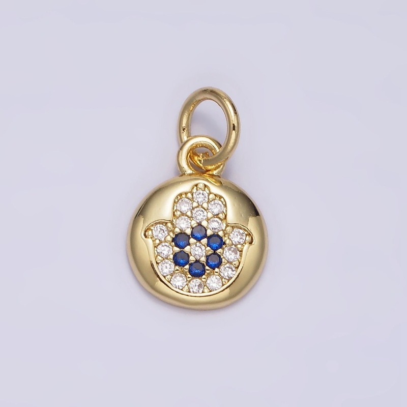 14K Gold Filled Blue Micro Paved CZ Evil Eye Hamsa Hand Round Add-On Charm | N983