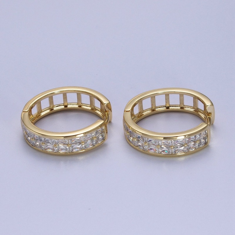 14K Gold Filled Clear Baguette Lined 22mm, 15mm Huggie Hoop Earrings | V-023 V-028 21mm x 22mm
