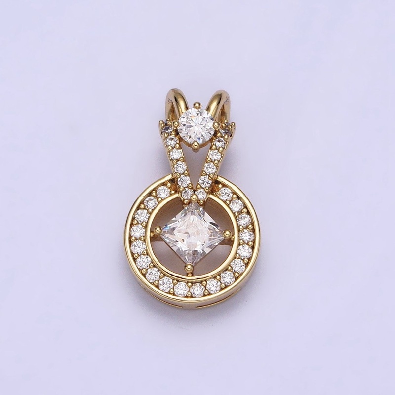 14K Gold Filled Clear Rhombus Round Double Bail Micro Paved CZ Geometric Pendant | AA038