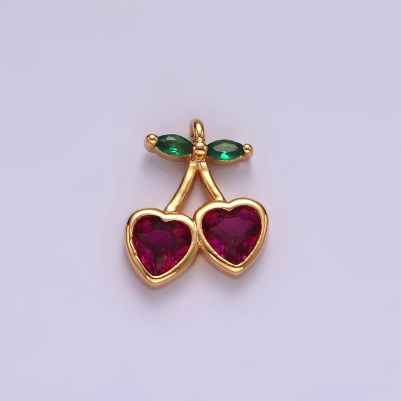 14K Gold Filled Fuchsia CZ Heart Cherry Fruit Mini Add-On Charm | AC820