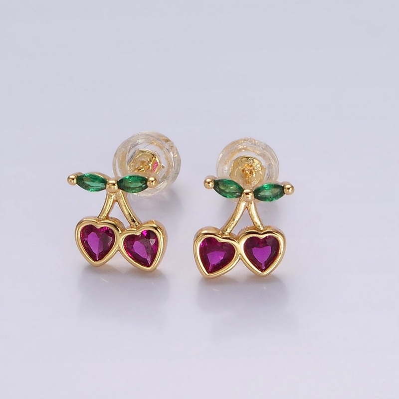 14K Gold Filled Fuchsia CZ Heart Cherry Fruit Stud Earrings | AE971