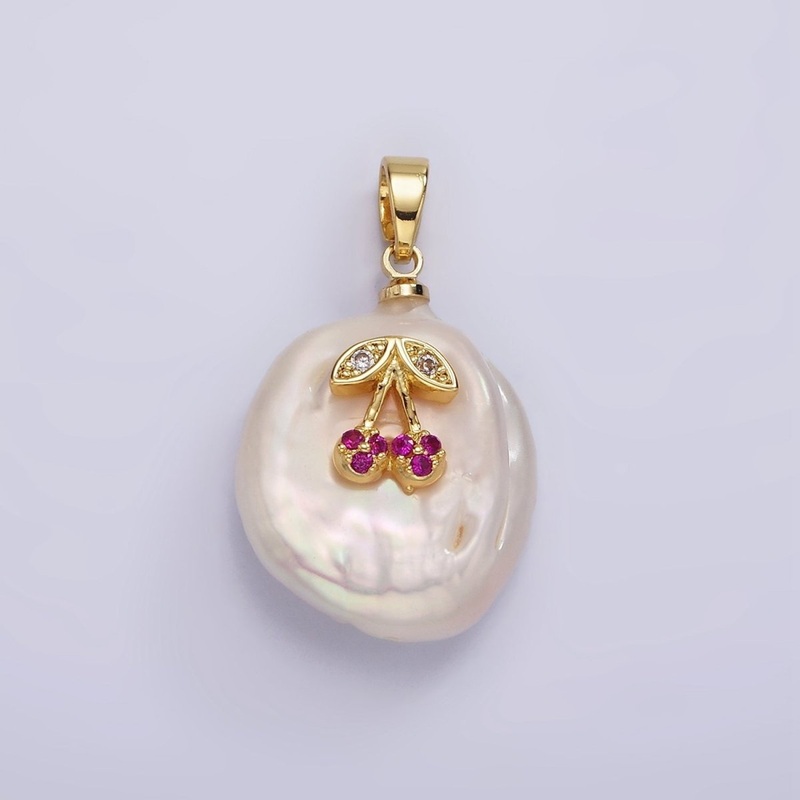 14K Gold Filled Fuchsia Micro Paved CZ Cherry Freshwater Pearl Pendant | P-1668