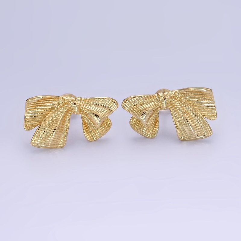 14K Gold Filled Line-Textured Ribbon Bow Stud Earrings | P503