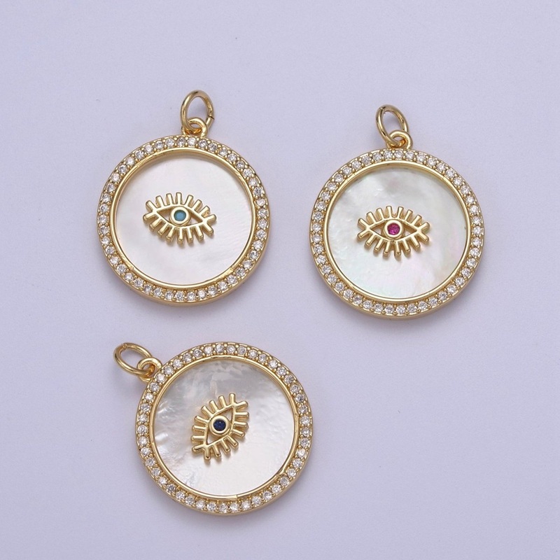 14K Gold Filled Medallion Charm Mother of Pearl, Micro Pave Evil eye Pendant For Minimalist Jewelry N-633 N-634 Fuschia