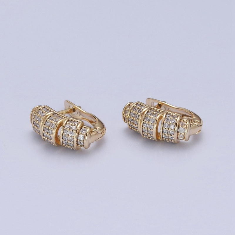 14K Gold Filled Micro Pave Clear Cubic Zirconia Band English Lock Earrings P-379