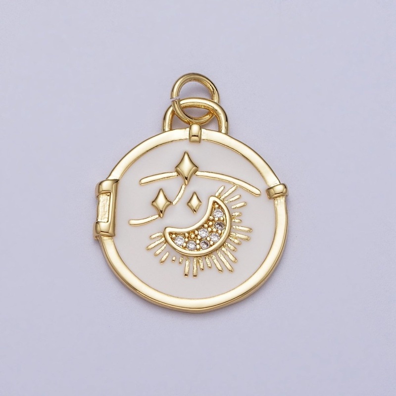 14K Gold Filled Micro Paved CZ Sun Crescent Moon Shooting Star White Enamel Celestial Charm E-696