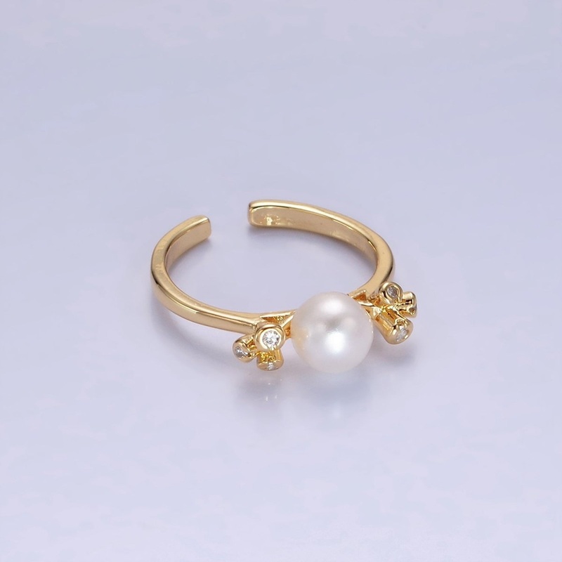 14K Gold Filled Shell Pearl Triple CZ Solitaire Ring | O1316