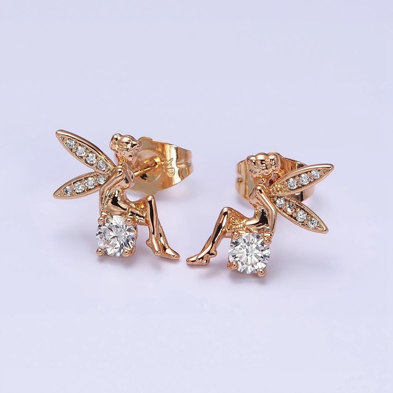 18K Gold Filled Fairy Wings Micro Paved CZ Stud Earrings | AD1362