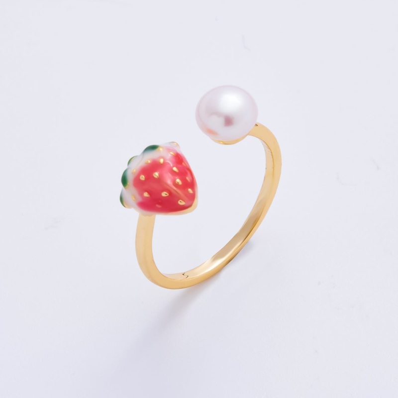 18K Gold Filled Red Enamel Strawberry Fruit with Shell Pearl Adjustable Ring | O-040