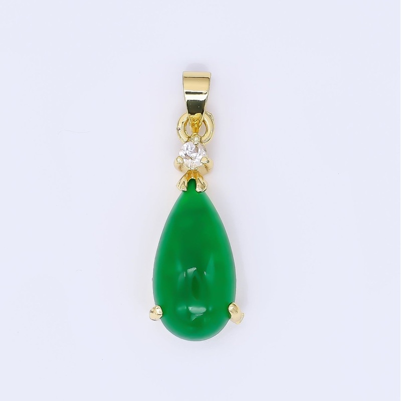 24K Gold Filled 24mm Micro Paved CZ Natural Gemstone Jade Charm Teardrop Pendant | AA-1591