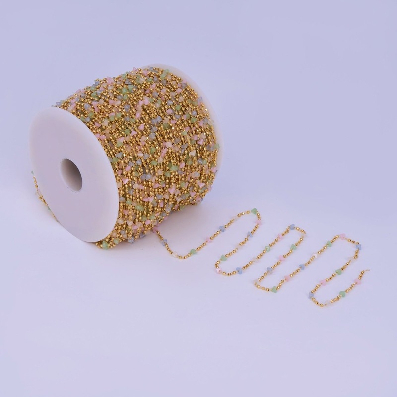 24K Gold Filled 3.3mm Pastel  Multicolor Crystal Ball Bead Unfinished Chain by Yard | Roll-1658