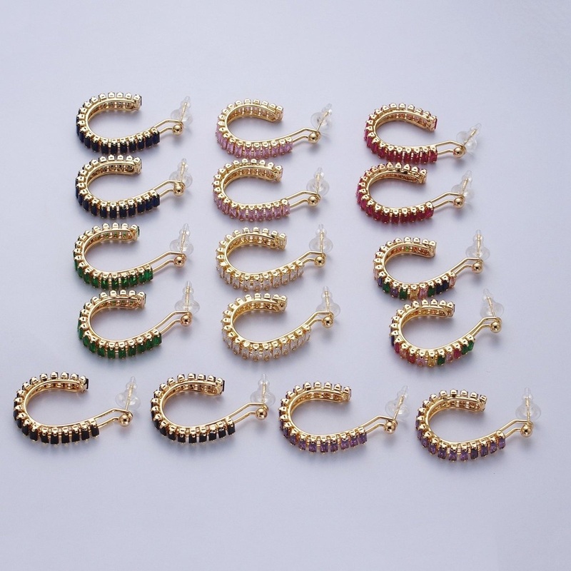 24K Gold Filled Baguette Cubic Zirconia C Shaped Open Hoop Studs Earrings Q-080 Q-091 Q-111 Q-125 Q-126 Q-127 Q-128 Q-130 Purple