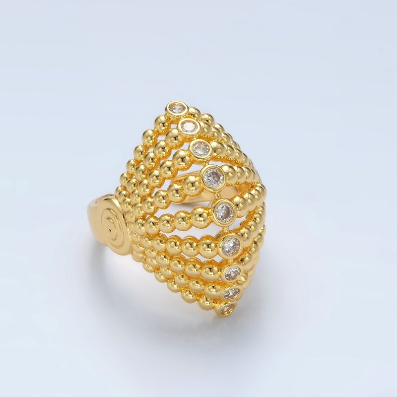 24K Gold Filled Clear CZ Beaded Bubble Sphere Geometric Ring | O1394