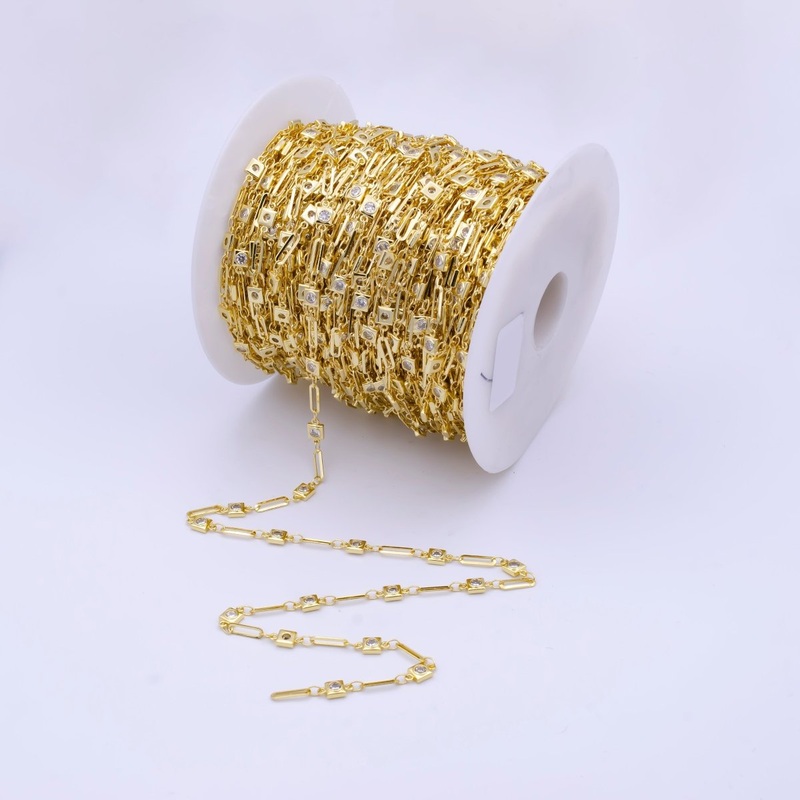 24k Gold Filled Square CZ Satellites Chain by Yard Wholesale Gold Station Chain CZ Bezel Cut Chain for Jewelry Making | ROLL-786 Clearance Pricing