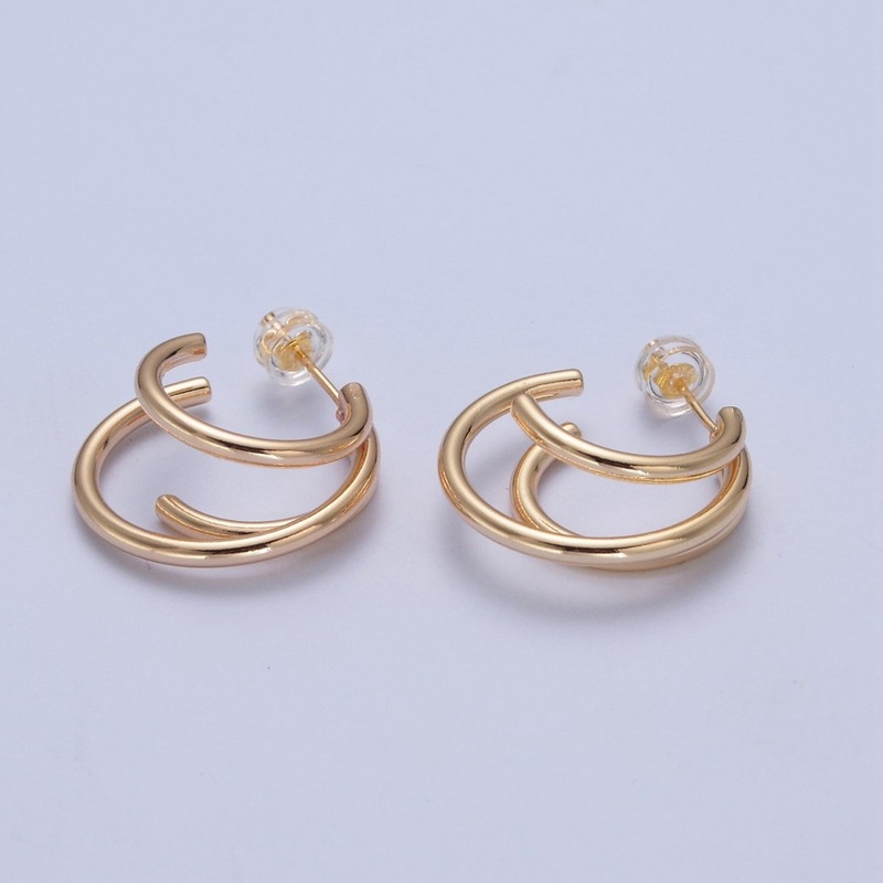 24K Gold Filled Triple Round Bar Gold Stud Earrings P-317