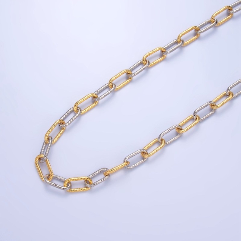 24K Gold Plated Line-Textured Mixed Metal Paperclip Unfinished Chain by Yard | Roll-1529