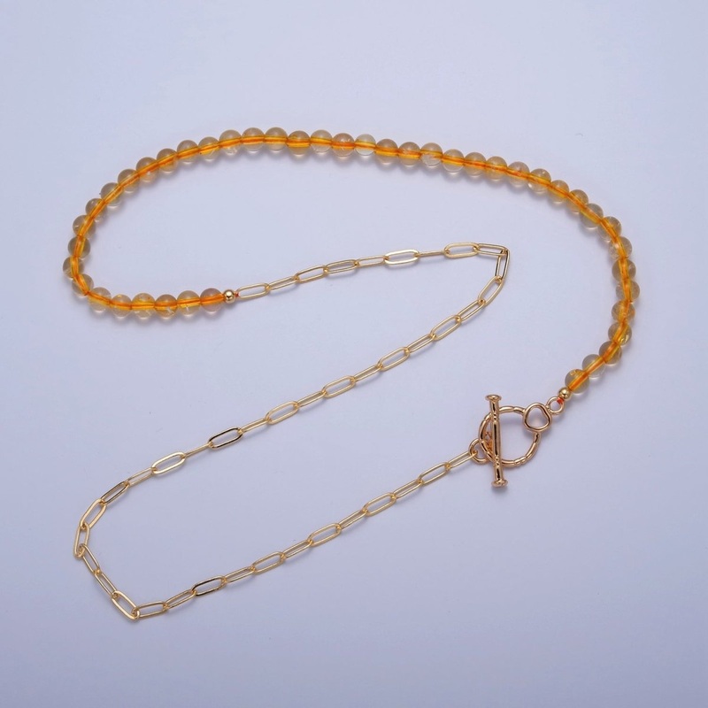 Dainty Half Bead Half Link Chain Necklace, 24k Gold Filled Paperclip Chain with Yellow Quartz Necklace | WA-964 Clearance Pricing