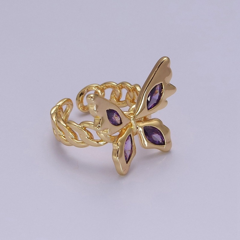 Gold Mariposa Ring Purple Butterfly Rig in 18k Gold Filled Band Statement Jewelry O-2077
