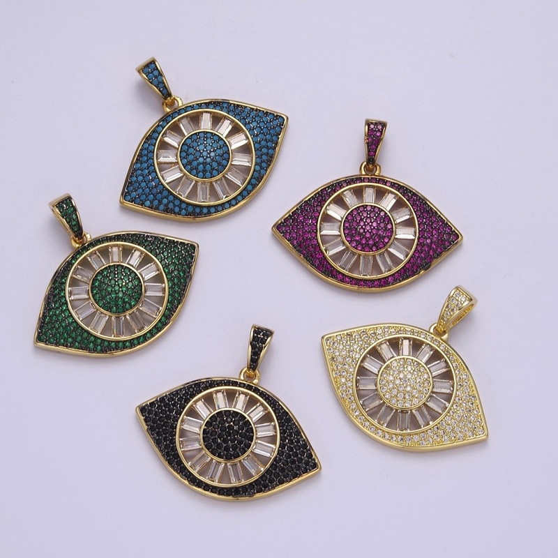 Micro Pave Evil Eye Pendant, Lucky Eye Shaped Pave Pendant, Gold Filled Protection Eye charm J-725 J-726 J-728 J-729 J-732 Fuschia