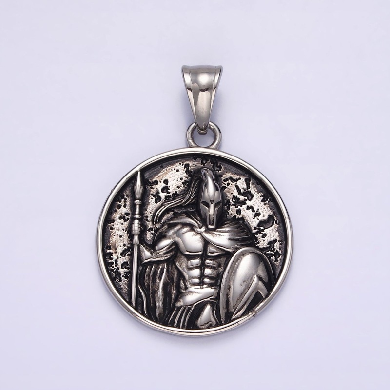 Stainless Steel 35mm Warrior Soldier Spear Shield Round Pendant | P-824