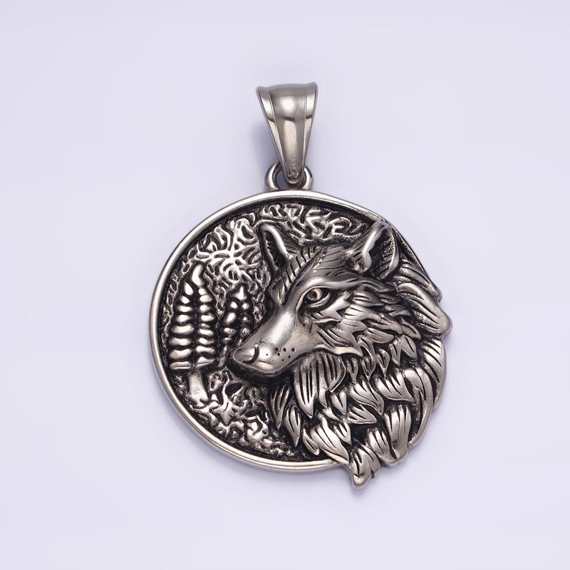 Stainless Steel 35mm Wolf Animal Nature Forest Trees Textured Round Pendant | P-827