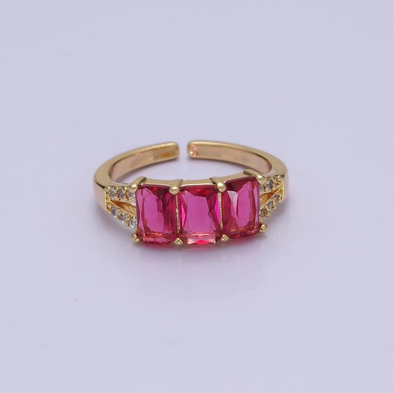 Three Pink Fuchsia Emerald Cut CZ Gold Band Open Adjustable Statement Jewelry O-2073
