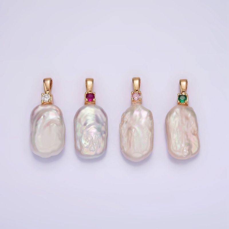 14K Gold Filled 10mm White Rectangular Biwa Freshwater Pearl Green, Pink, Clear, Fuchsia CZ Pendant | P1600 – P1603 Green