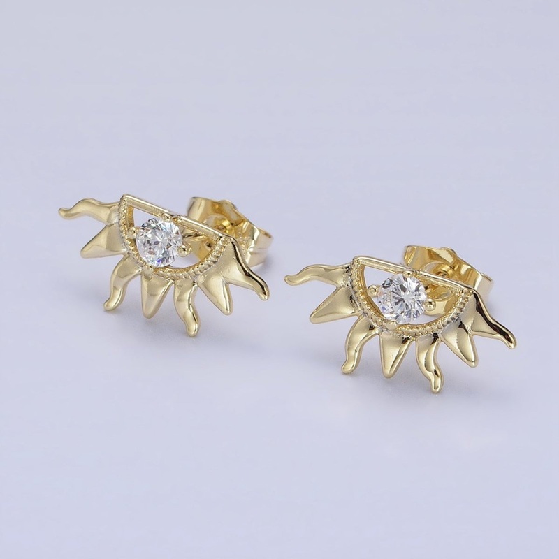 14K Gold Filled Celestial Sun Ray Beam Evil Eye Clear CZ Stud Earrings | AD1386