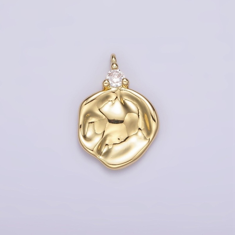14K Gold Filled Clear CZ Hammered Round Charm | AC931