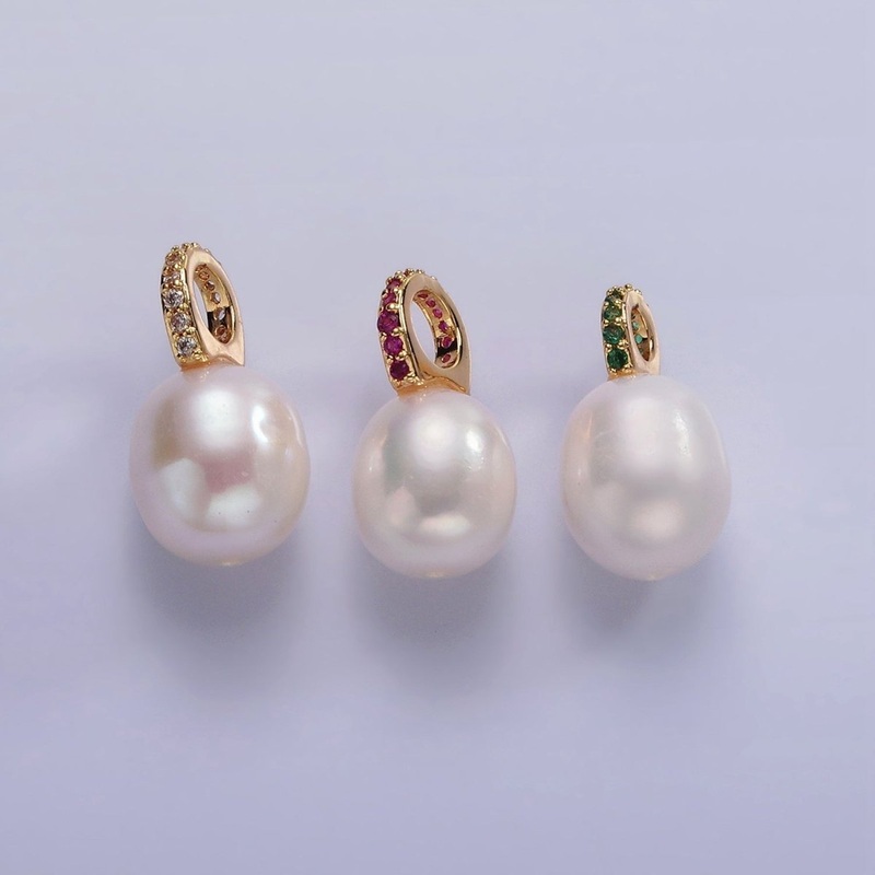 14K Gold Filled Clear, Fuchsia, Green Micro Paved Freshwater Pearl Drop Personalized Earring Charm | P1629 – P1631 Clear