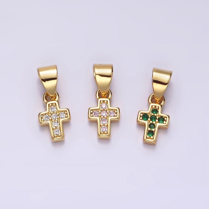 14K Gold Filled Pink, Clear, Green CZ Micro Paved Religious Cross Mini Pendant | N1917 – N1919 Pink