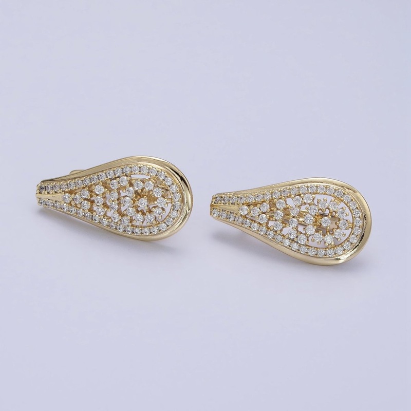14K Gold Filled Teardrop Micro Paved Clear CZ English Lock Earrings | AD1533