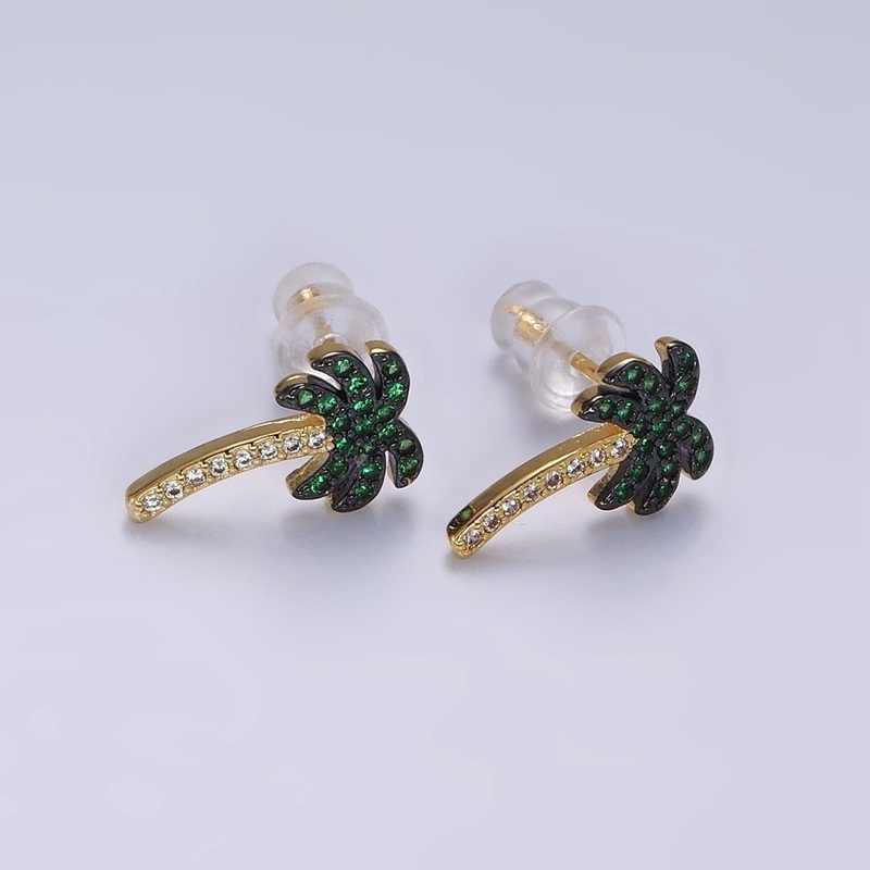 14K Gold Filled Tree Palm Leaf Green Micro Paved CZ Stud Earrings | AE921