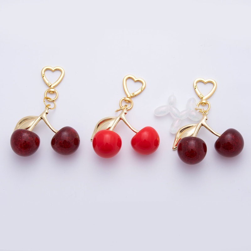 18K Gold Filled Red, Dark Red Cherry Fruit Glitter Resin Bag Charm Keychain Heart Key Ring Accessories | WB-00073 WB-00074 Red