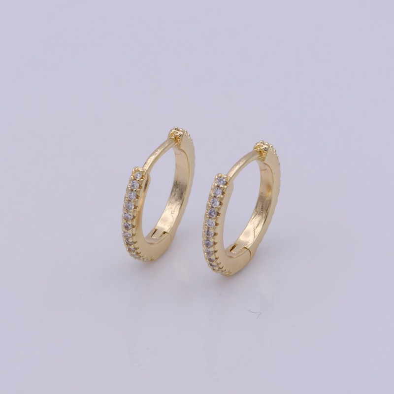 24K Gold Filled Huggie Hoop Earrings, Crystal Cubic Zirconia CZ Encrusted on 14.8X13.3mm Hoops, Minimalist Modern 15mm Huggie Hoops | AE-804