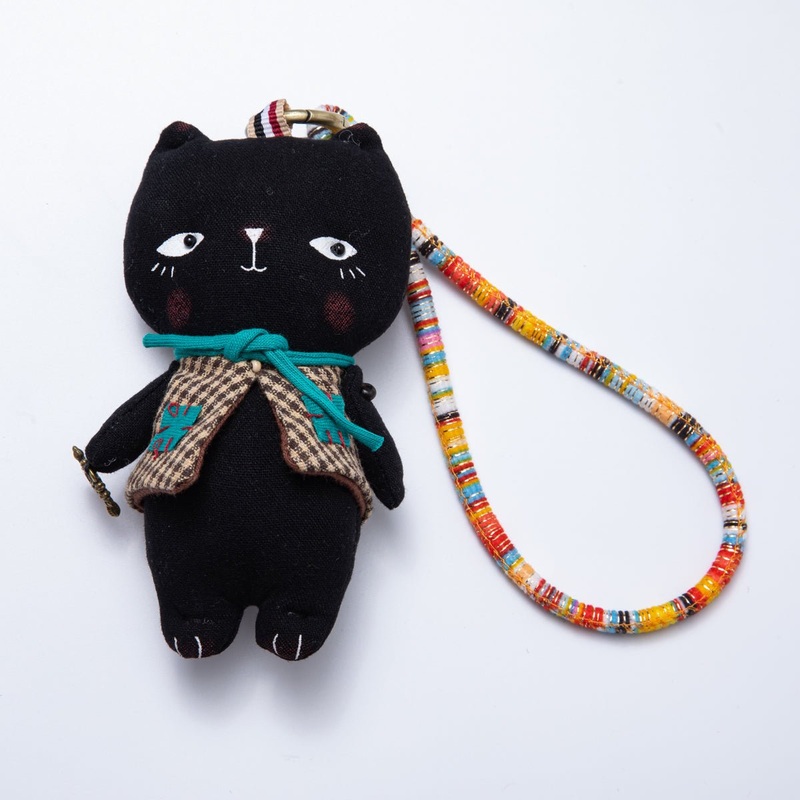 Black Cat Kitten Pet Plush Bag Charm Keychain Cord Accessories | WB-00055